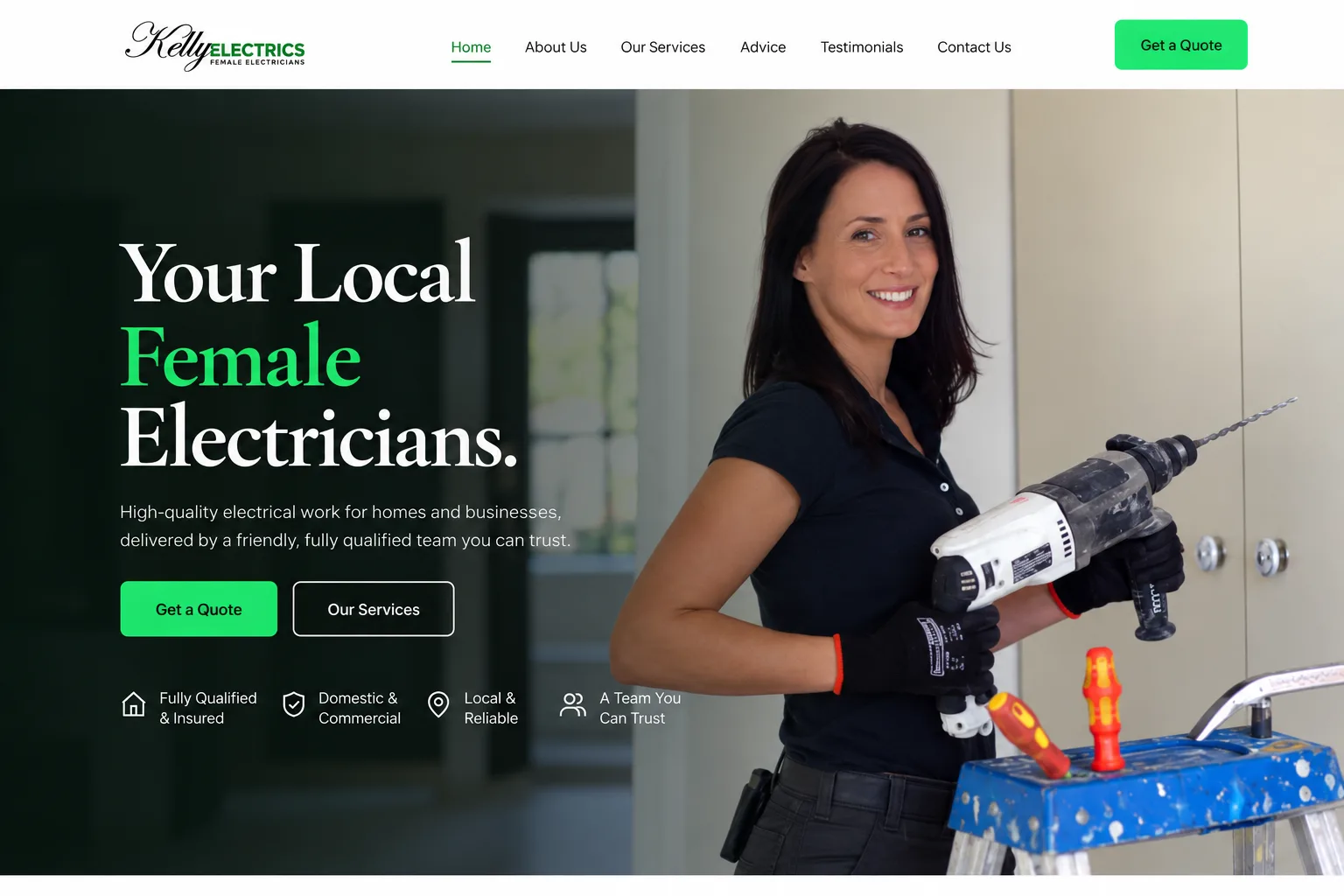 Kelly Electrics website first-page design.
